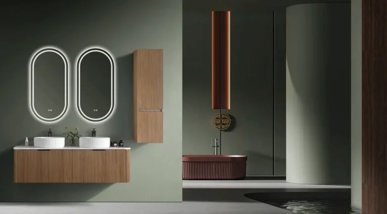 Modern double sink bathroom vanity with wood look cabinet fronts