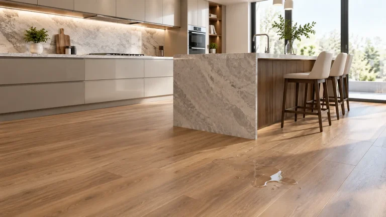 Waterproof laminate flooring in a modern kitchen interior
